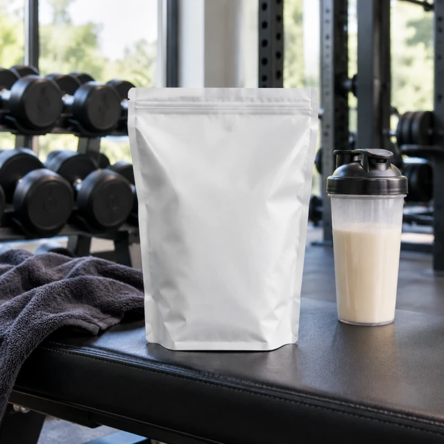 Unbranded protein powder pouch with a completely blank label on a gym bench after a workout.