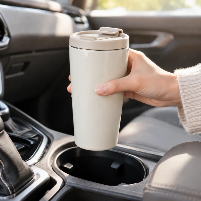 A hand lifts an unbranded ceramic travel mug from a car cup holder in soft morning light.