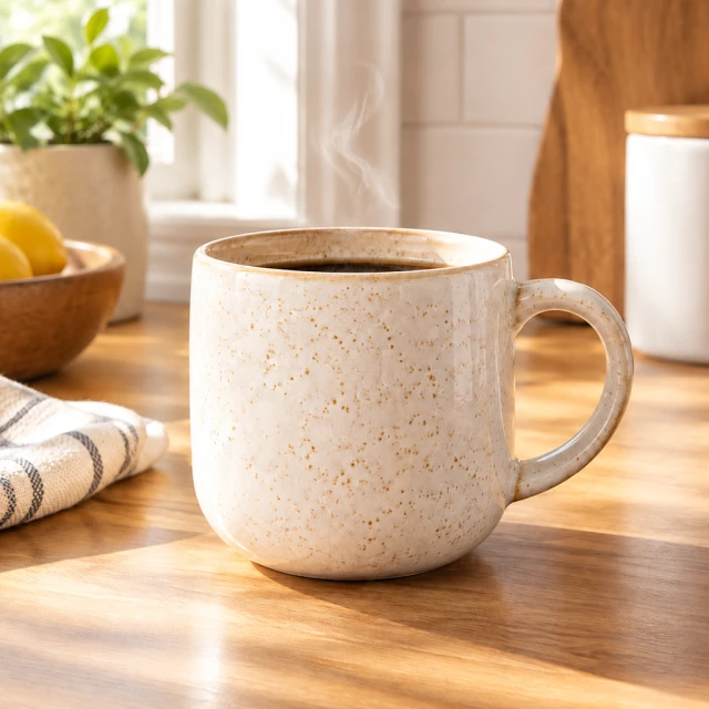 Speckled ceramic mug with a thin curl of steam on a wooden kitchen counter in soft morning light.