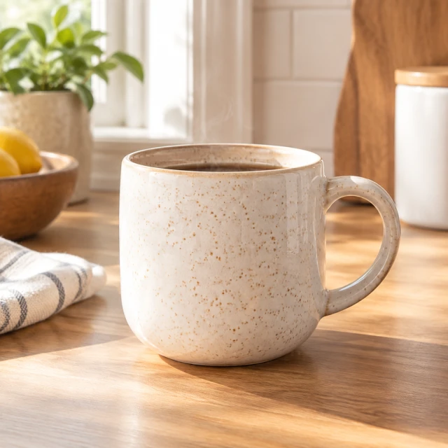 Cream ceramic mug with blue flecks, fully visible on a wooden kitchen counter.