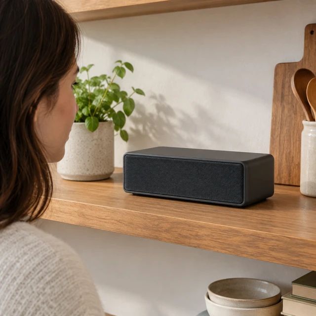 Compact rectangular graphite speaker with a narrow front grille on a warm kitchen shelf.