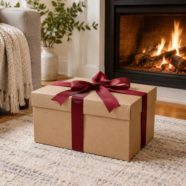 Wrapped blank kraft gift box with a plain ribbon beside a fireplace.