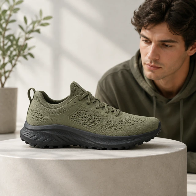 Muted olive technical running shoe with a dark sole on a round plinth under a focused spotlight.
