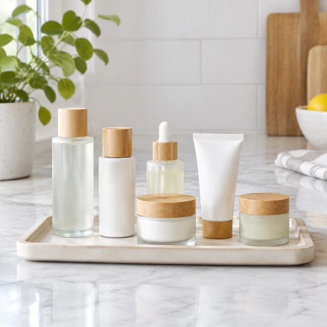 Skincare gift set arranged neatly on a pale tray with each plain bottle visible.