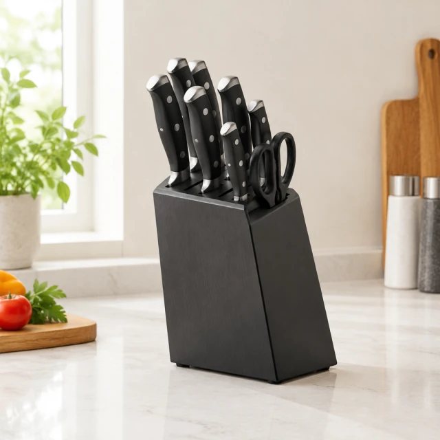 Compact kitchen knife set in a dark block on a pale counter, with the handles visible.
