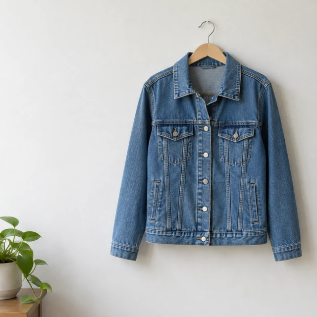 Denim jacket on a hanger against a plain wall with open space on the left