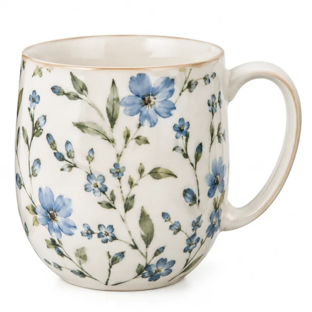 Ceramic mug filling the frame on a pure white background