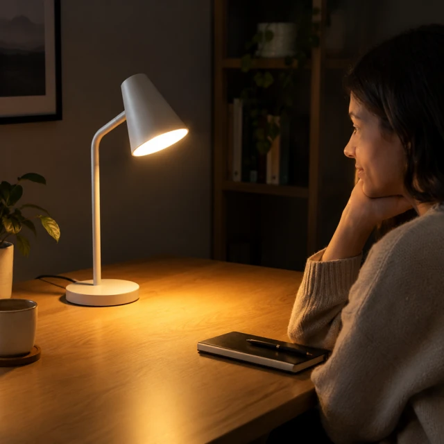 Desk lamp just switched on in a dark room, a warm pool of light on the desk