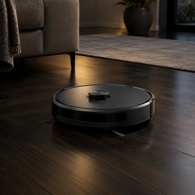Robot vacuum on a dark wood floor under dramatic low light