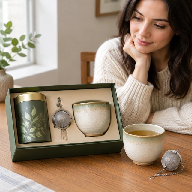 Tea gift set with a tin, an infuser and a cup