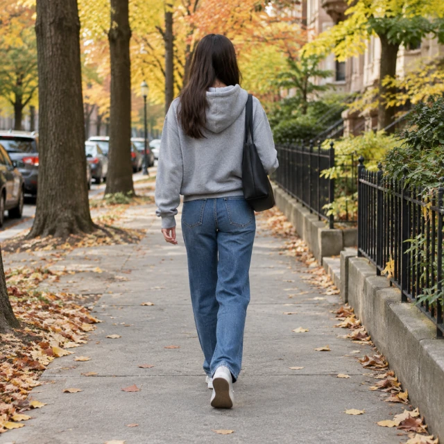 Person in a gray hoodie and jeans walking along a tree-lined city street in autumn, face turned away