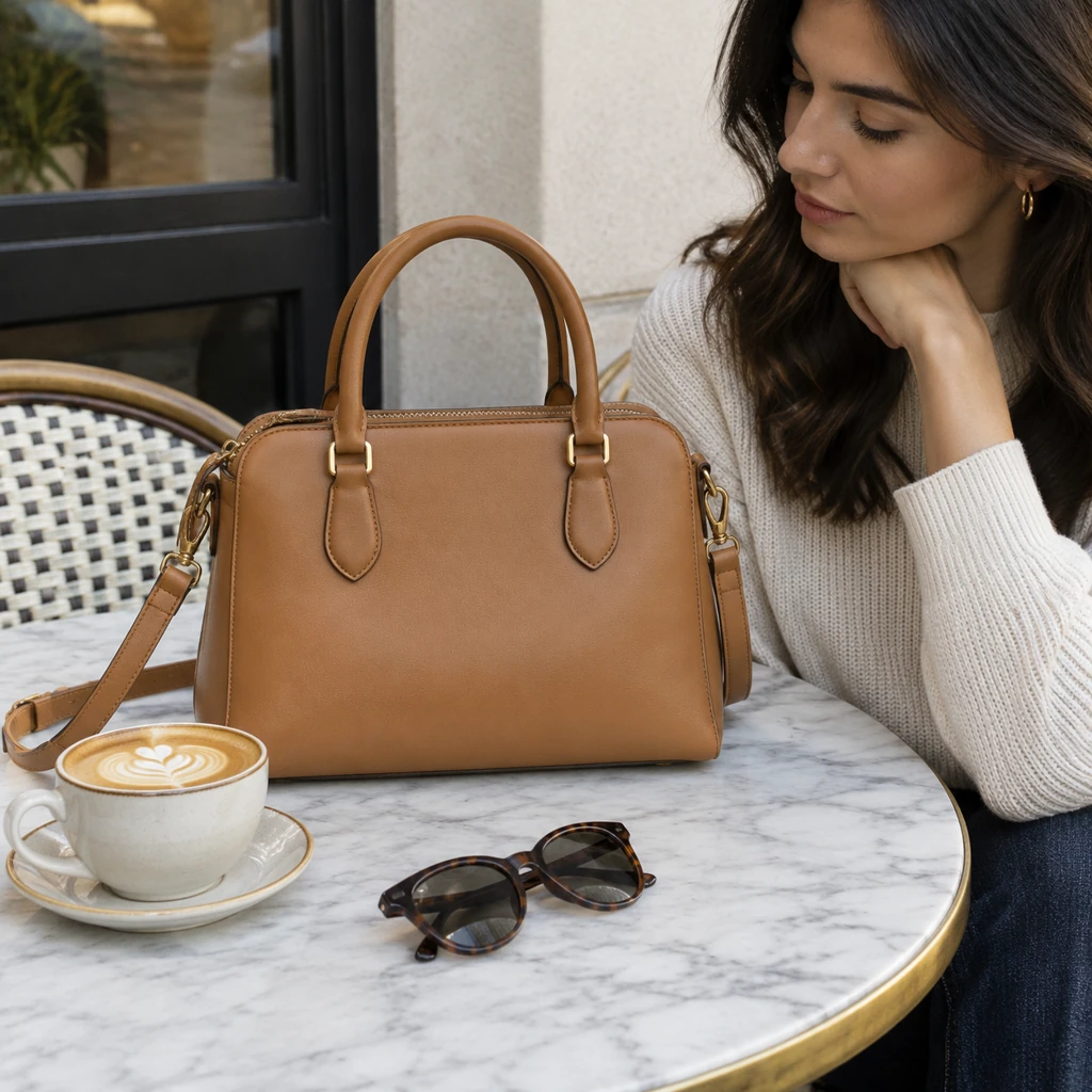 Tan leather handbag on a marble cafe table beside a latte and a pair of sunglasses
