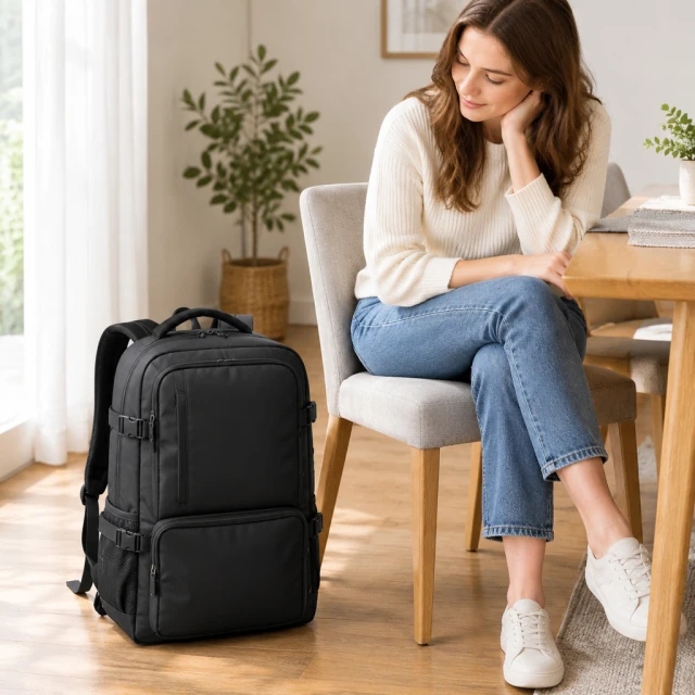 Travel backpack next to a dining chair