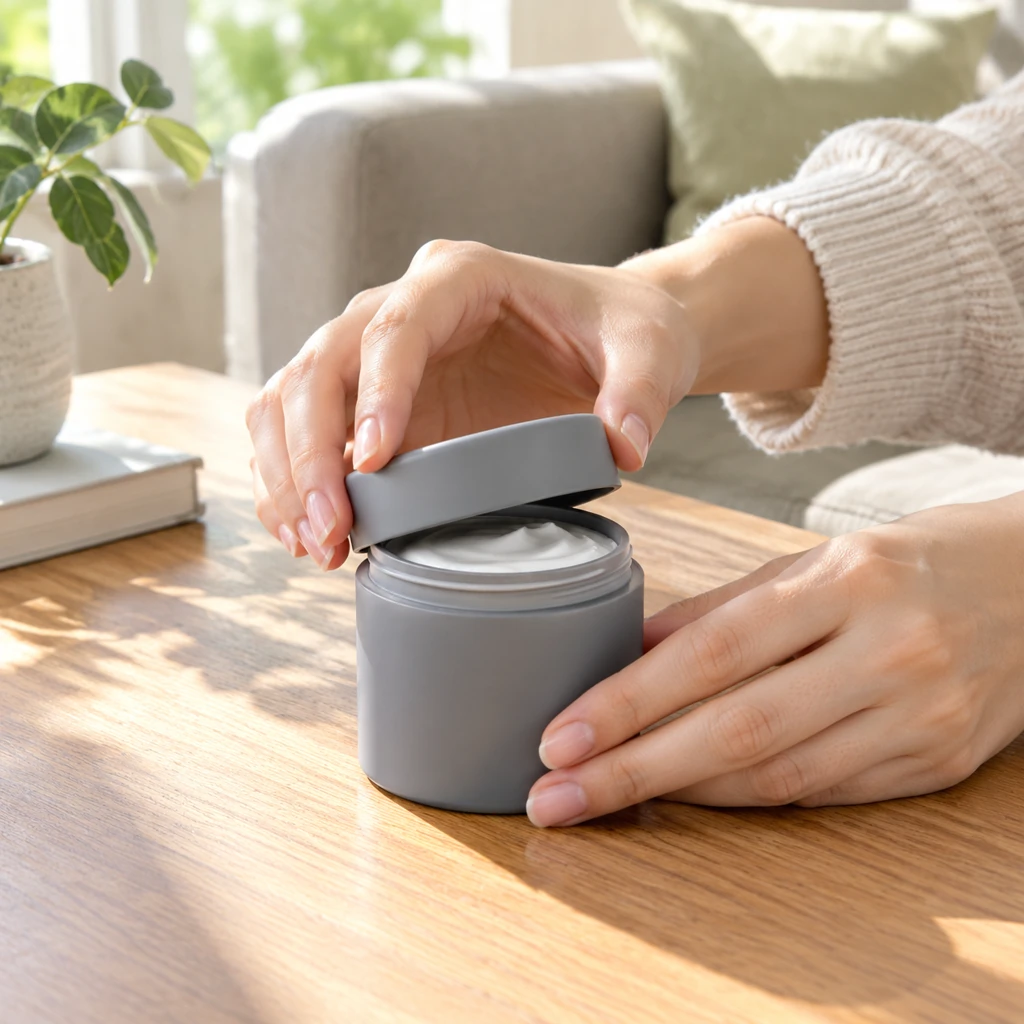 Hands demonstrate a plain gray skincare jar on a sunlit living-room table, with no face or camera visible.