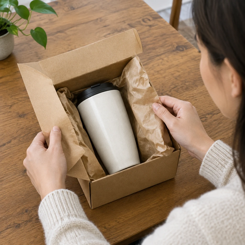Hands open a blank kraft parcel to reveal a plain ceramic travel mug on a wooden table.