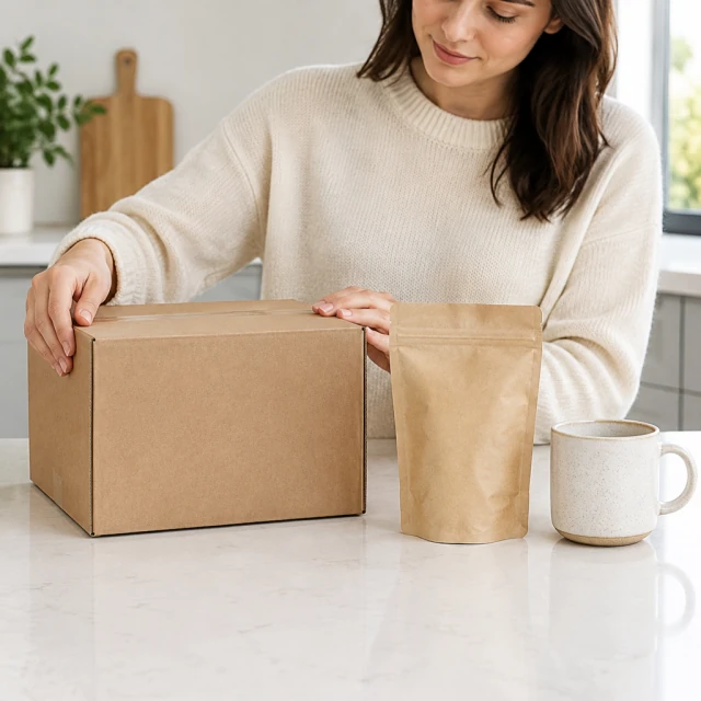 Hands pack a blank kraft shipping box beside a coffee bag and cup on a bright counter.