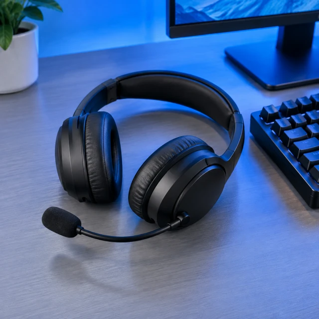 Black headset with a boom microphone sits on a desk beside a keyboard under blue light