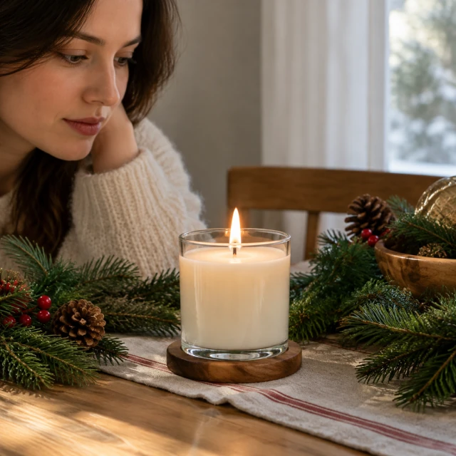 Scented candle on a holiday table with pine branches