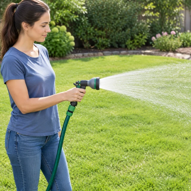 Garden hose nozzle spraying over a green lawn