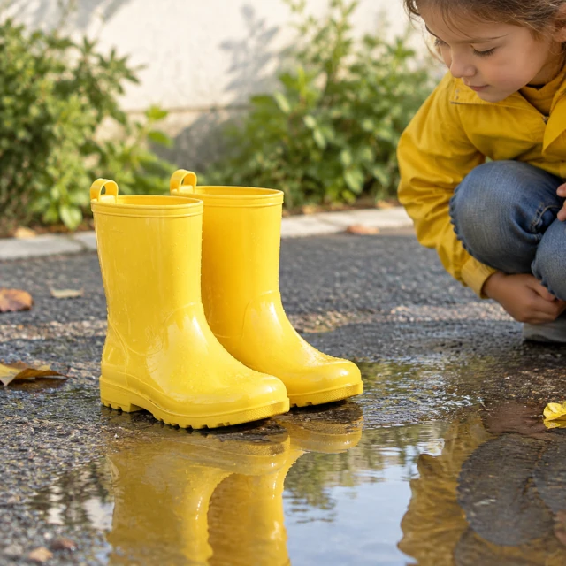 Kids' yellow rain boots beside a puddle