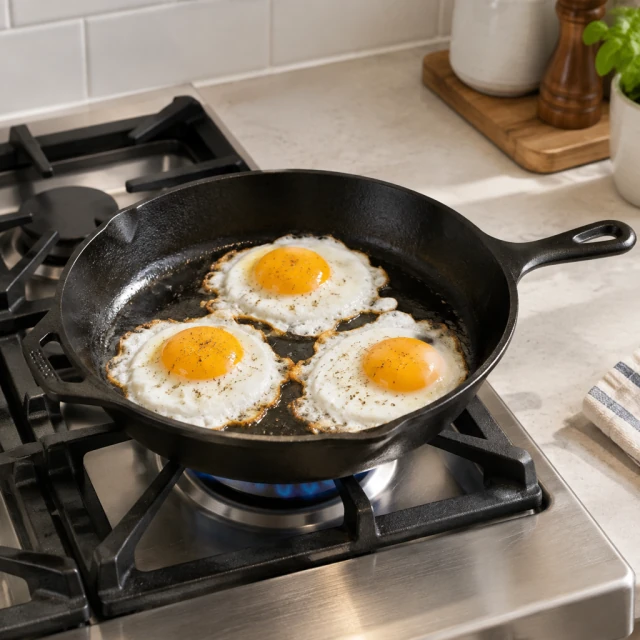 Cast-iron skillet with eggs on a stovetop