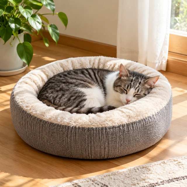 Cat asleep in a round pet bed in a sunny corner