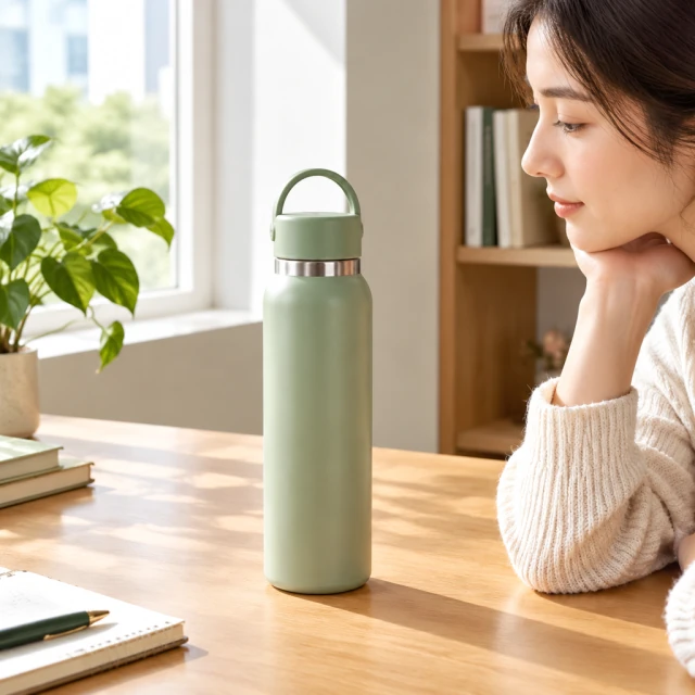 insulated bottle on a sunny desk