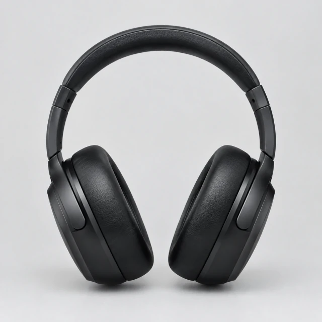 Over-ear headphones, straight-on front view on a light gray studio sweep