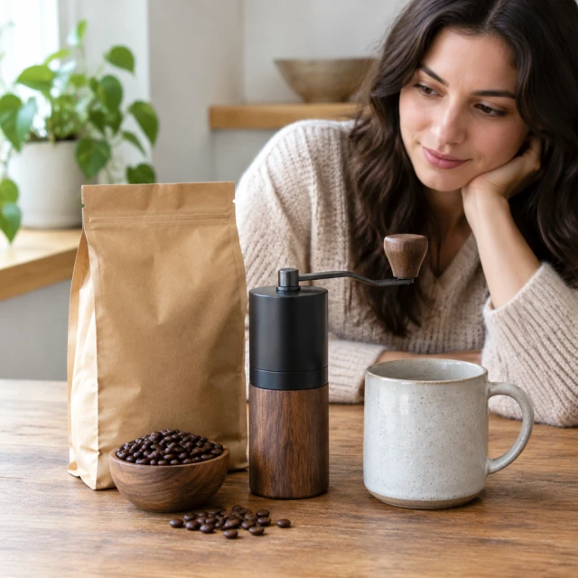 Coffee starter kit: bag of beans, hand grinder and mug together