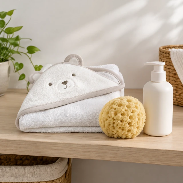 Baby bath set with a folded hooded towel, sponge and plain wash bottle.