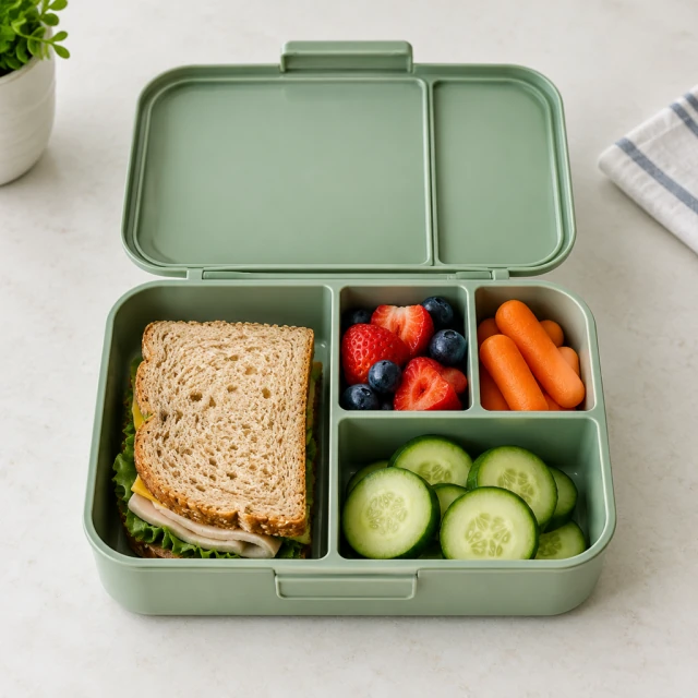 Plain bento lunch box opened on a counter with each compartment visible.