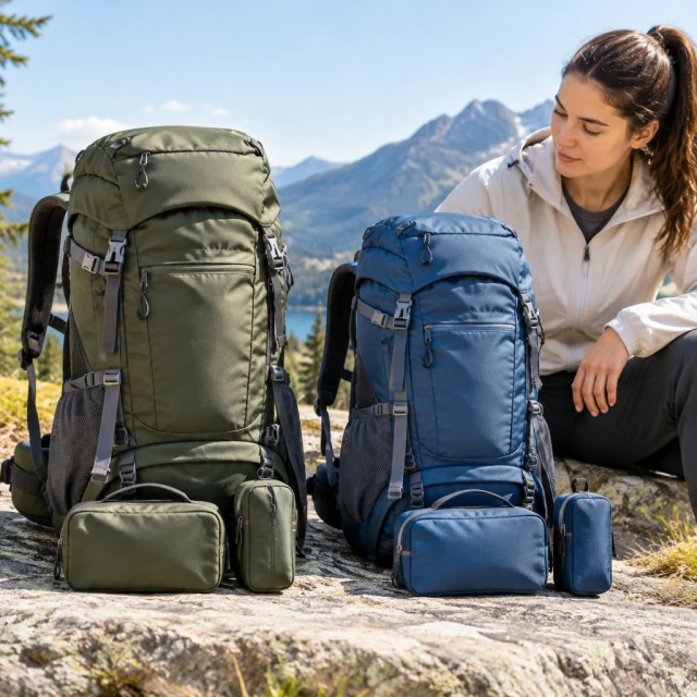 Two hiking backpacks in different sizes, each beside a neatly arranged travel kit.