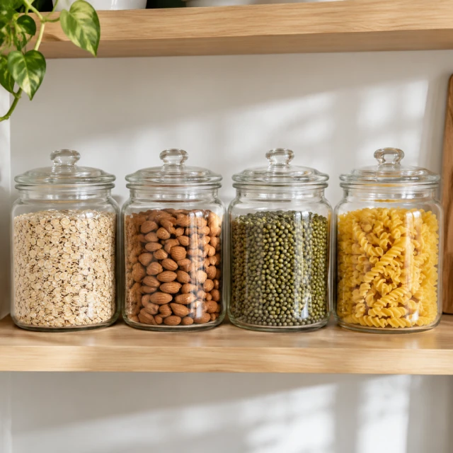 Matching glass pantry jars lined up on a cleared shelf