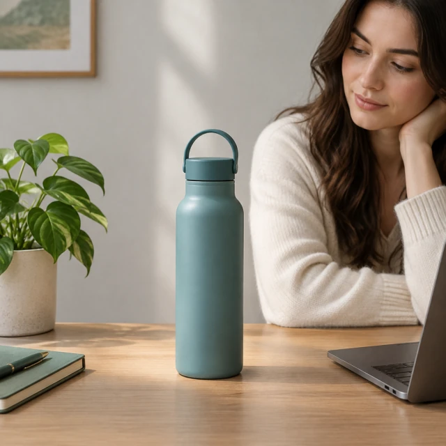Plain muted teal insulated bottle on a styled desk under a soft spotlight.