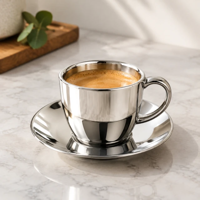 Chrome espresso cup with controlled, clean reflections on a gradient