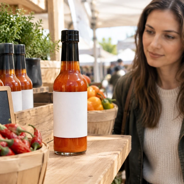 Hot sauce bottle with a blank graphic label on a farmers market shelf