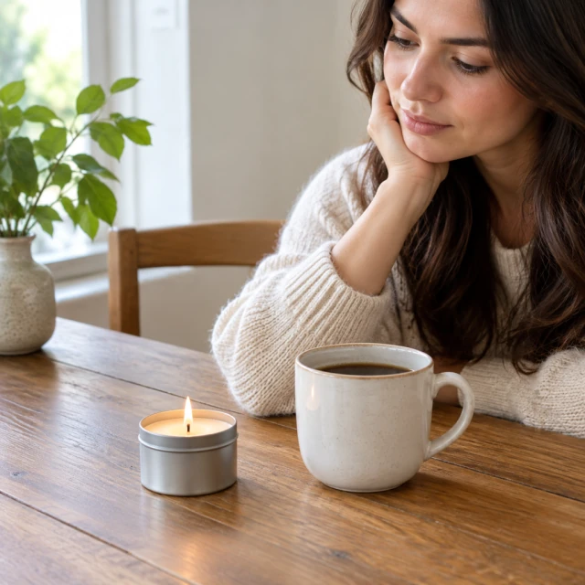 Small travel candle beside a ceramic coffee cup on a wooden table.