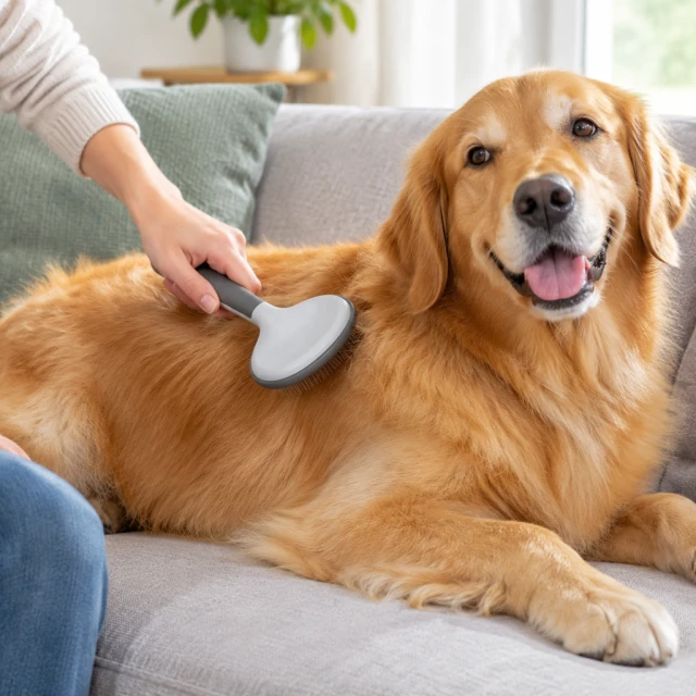Hand uses a plain pet brush on a relaxed dog resting on a couch.