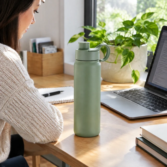 Reusable water bottle snapped on a cluttered work desk, phone-camera look
