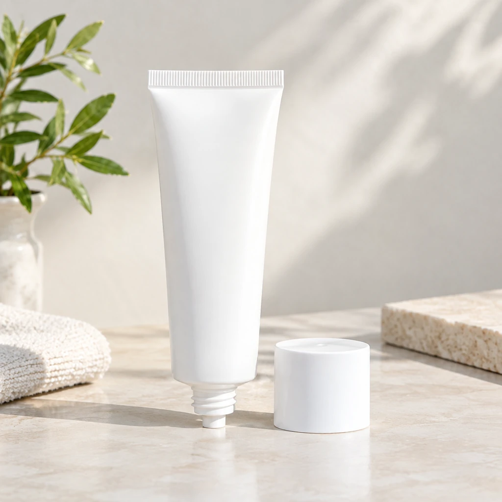 Plain sunscreen tube and cap photographed close on a bright neutral background.