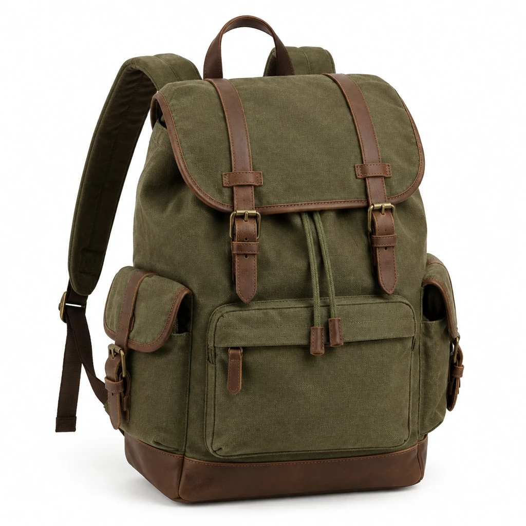 Olive canvas backpack with brown leather details on a pure white background