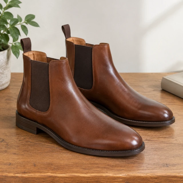 Close-up of brown leather Chelsea boots showing the elastic side panel, the pull tab and the toe