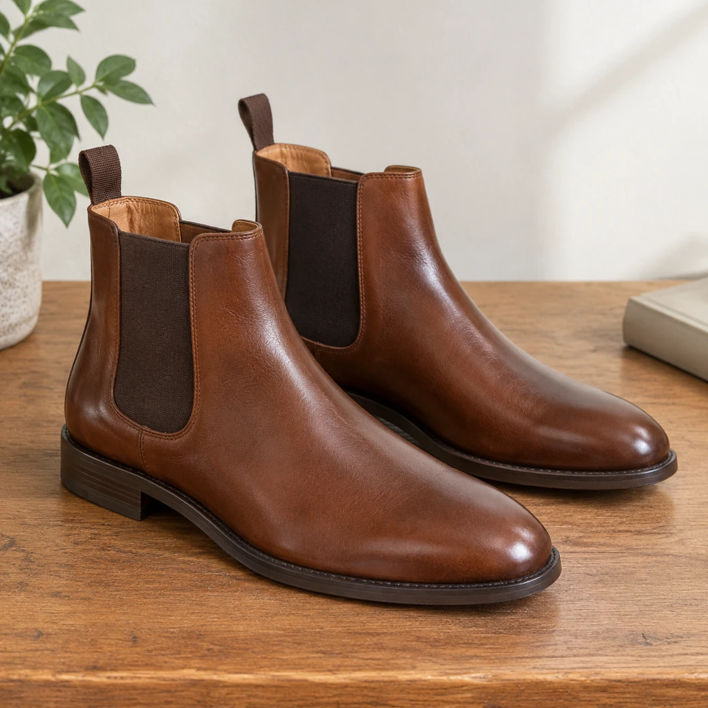 Close-up of brown leather Chelsea boots showing the elastic side panel, the pull tab and the toe