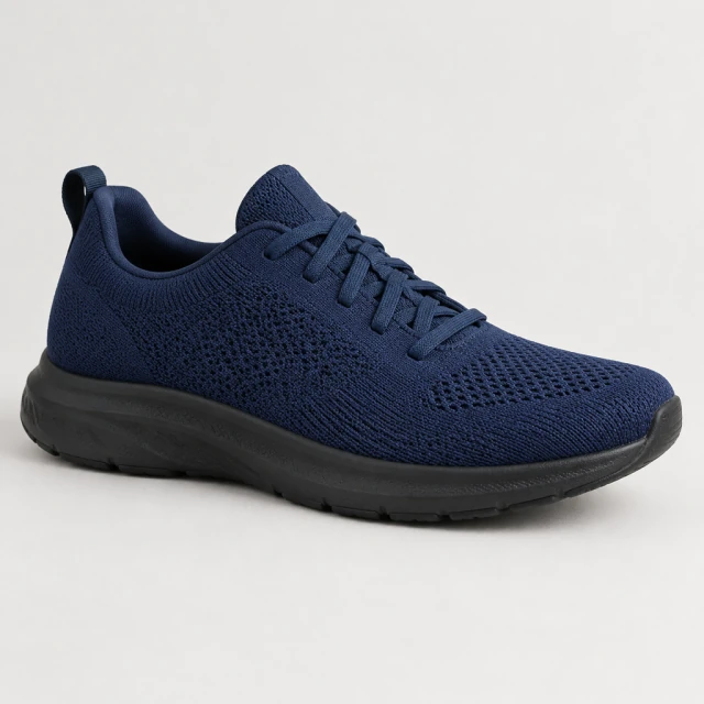 Navy knit running shoe with a dark sole shown in a clean product photo.