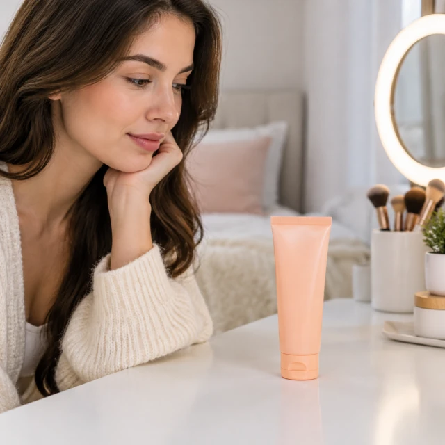 Plain peach skincare tube on a tidy bedroom vanity with a small ring light softly out of focus.