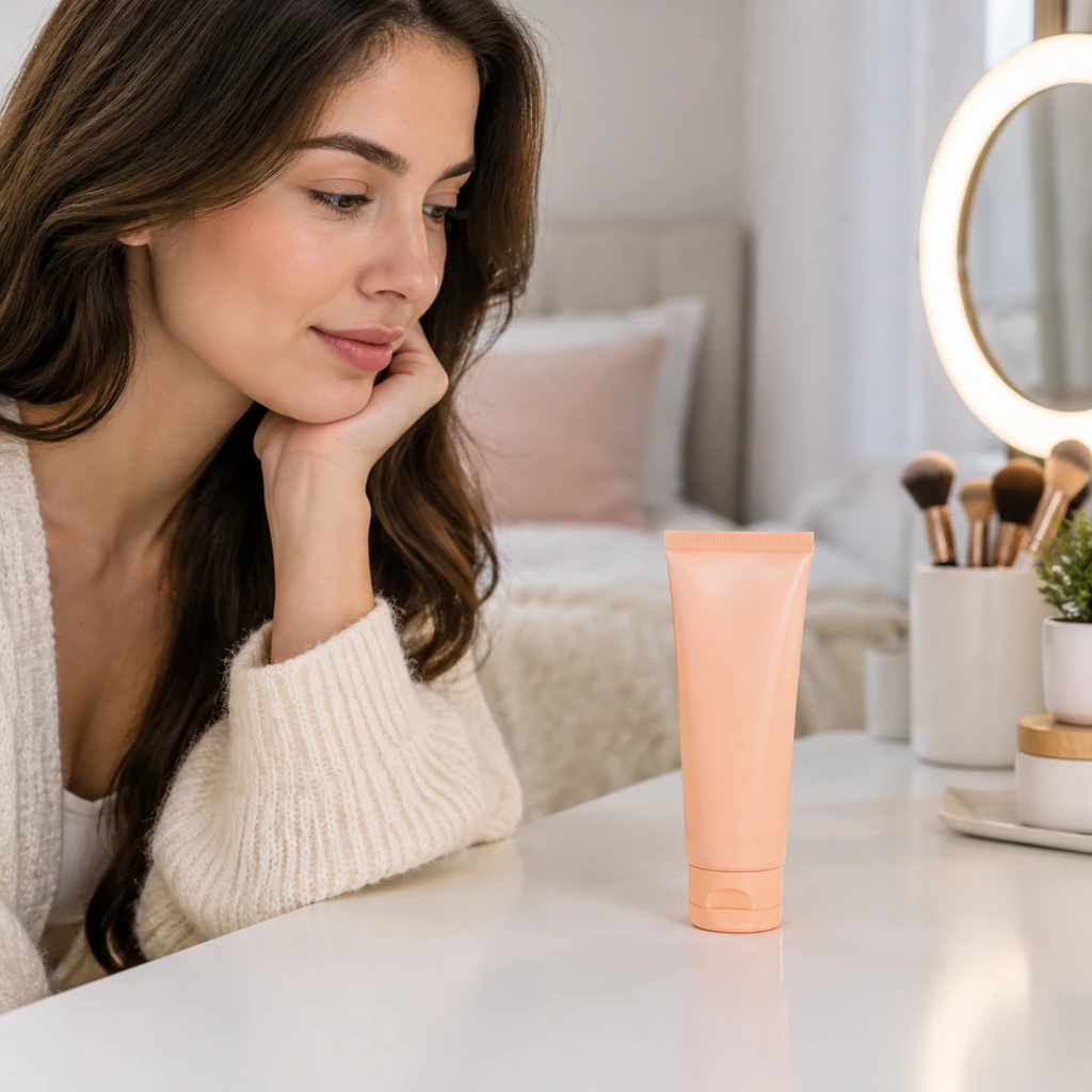 Plain peach skincare tube on a tidy bedroom vanity with a small ring light softly out of focus.