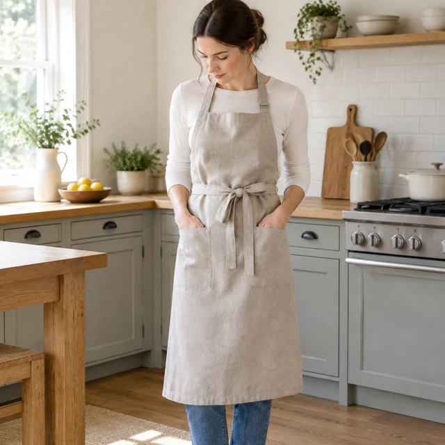 Linen apron worn in a home kitchen