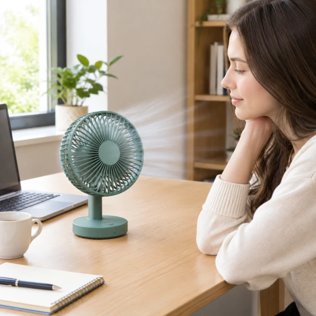 Desk fan switched on at a home office desk