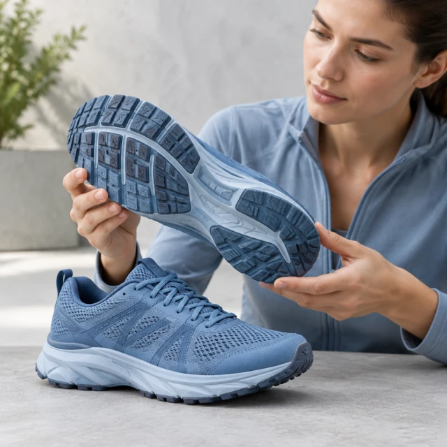 Muted blue running sneaker turned to show its textured sole on a plain floor.