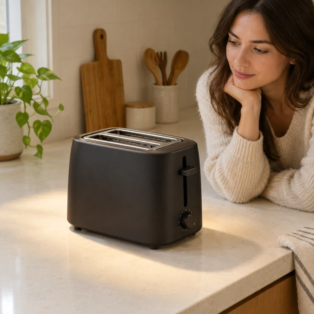 Compact matte-black two-slot toaster under a warm spotlight on a pale kitchen counter.